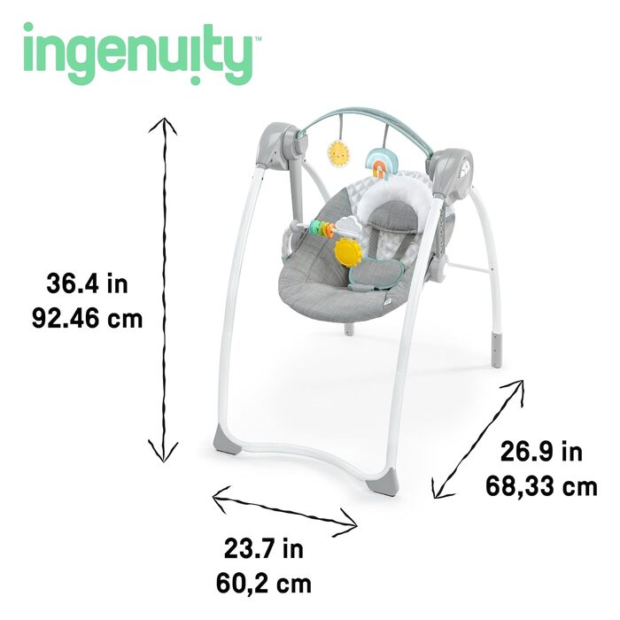 Гойдалка-шезлонг Ingenuity Milestone, з дугою для іграшок, складна, 6 швидкостей, з музикою, для малюків від 0 до 9 місяців, до 9 кг - сірий