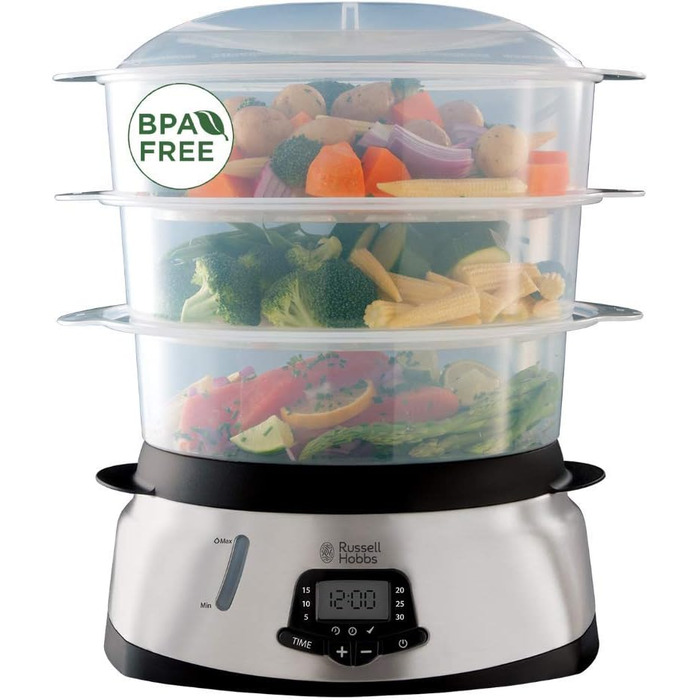 Пароварка Russell Hobbs велика 10,5 л (цифровий дисплей програмований таймер, 3 контейнери для пароварки, які можна мити в посудомийній машині миска для рису / рисоварка 8 тримачів для яєць / яйцеварка, без BPA) 23560-56