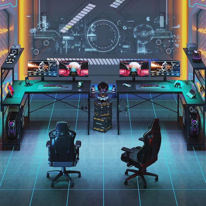 Геймерський стіл Bestier 130 см L-подібний, двосторонній кутовий стіл з розетками, світлодіодним підсвічуванням, 4 полицями, гачками та підставкою для чашок, ідеально підходить для домашнього офісу та ігор, 130 см з вуглецевого волокна, чорний