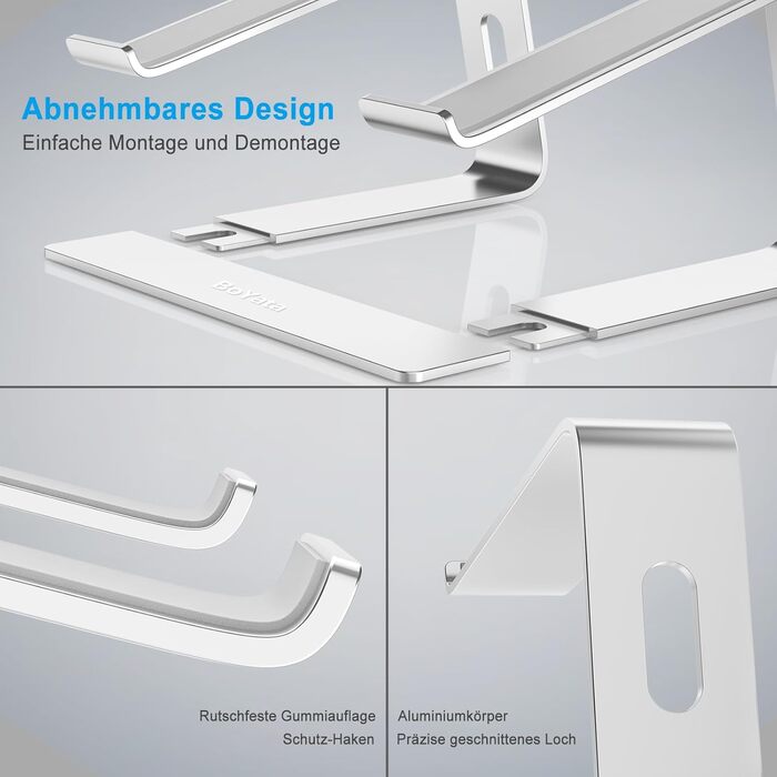 Підставка для ноутбука BoYata, ергономічна алюмінієва, портативна з вентиляцією, сумісна з MacBook, Dell, HP, Samsung, Acer та іншими ноутбуками 10-14 - срібляста