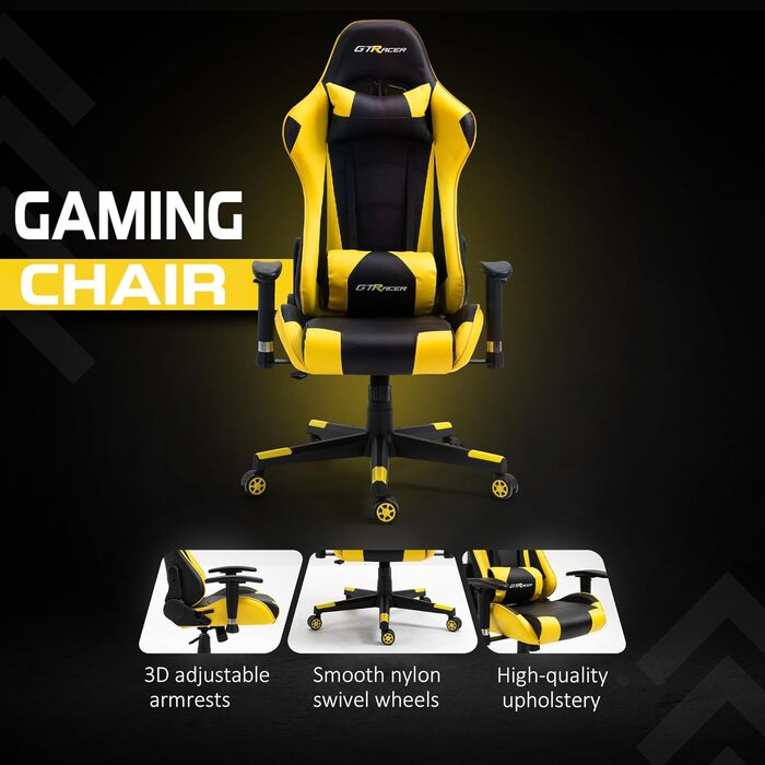 Ігрове крісло GTRacer Pro, ергономічне офісне крісло, регульовані підлокітники, комп&39ютерне крісло, ігрове крісло зі штучної шкіри, зручні офісні крісла для домашнього офісу (жовте)