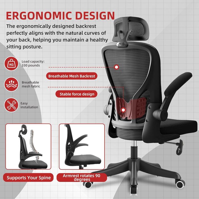 Ергономічне офісне крісло з регульованим підголівником та підлокітниками, поперековою опорою, дихаючою спинкою, регулюванням висоти та колесами, ігрове крісло для столу, спальні або чорного кольору