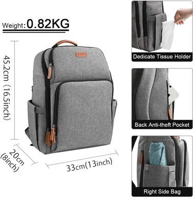 Пеленальний рюкзак Багатофункціональний великий місткий дитячий рюкзак для подорожей і 2 ремені для коляски на ходу 28 л сірий