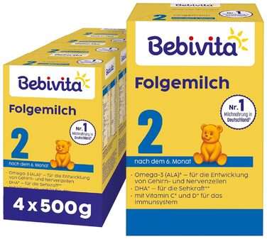 Молочна суміш Bebivita 2 для дітей віком від 6 місяців (4 x 500 г) з вітамінами C та D, Омега-3 (DHA), що насичує дитину відповідно до віку. Молочна суміш Bebivita 2 для дітей віком від 500 г (4 шт.)