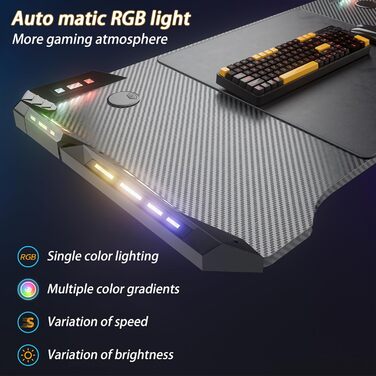 Ігровий комп&39ютерний стіл зі світлодіодним підсвічуванням 160x60 см, чорний, ПК-стіл з підставкою для чашок та гачком для навушників, ергономічний ігровий стіл M-подібної форми, ігровий стіл з вуглецевим волокном для спальні/кабінету, 160x60x73 см