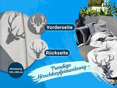 М&39яка ковдра ZOLLNER 150x200 см - Пухнаста та м&39яка двостороння ковдра у двох простих кольорах - Модне плетене обличчя з оленячою головою сірого кольору - Змішана тканина - Можна прати при температурі до 40C - Сертифікована сіра двостороння ковдра Oek