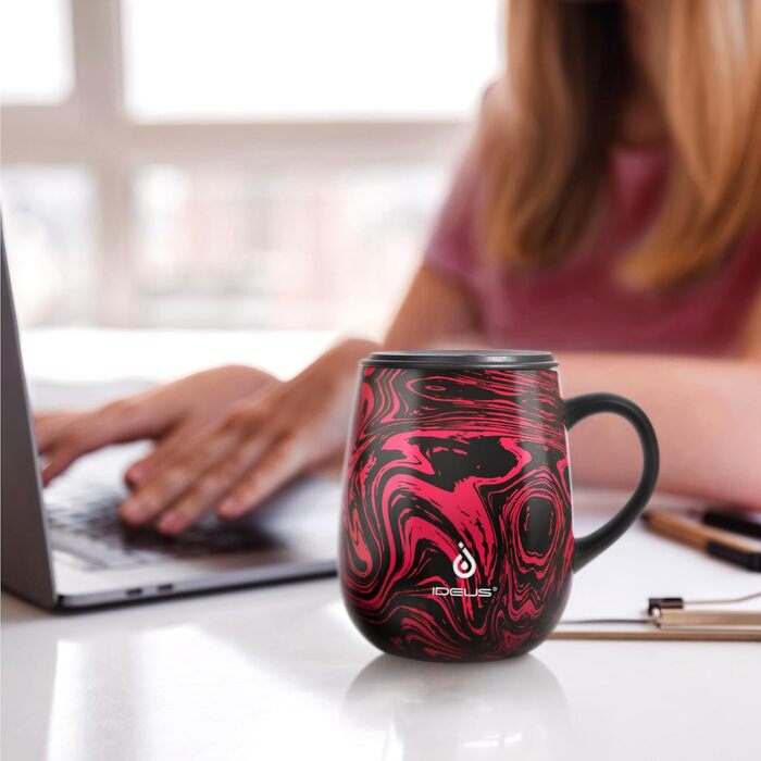 Кавова кружка Ideus 470 мл (16 унцій), двостінна вакуумно-ізольована кружка для кави та чаю з нержавіючої сталі з нековзною ручкою та розсувною кришкою, велика місткість (червона зебра)