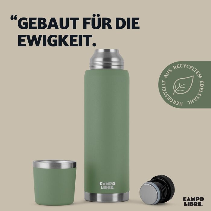 Термос Jaco 1 л, 750 мл, 500 мл Термос з чашкою Наш термос зберігає напої гарячими щонайменше 24 години Двостінна ізольована колба на 100 герметична та виготовлена з переробленої нержавіючої сталі. Moos Green 1000 мл