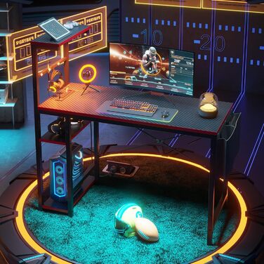 Ігровий стіл Bestier з розетками, 4-рівневий ігровий стіл зі світлодіодним підсвічуванням та двосторонніми полицями, ігровий стіл для ПК з гачком для гарнітури та бічною кишенею для зберігання речей у спальні