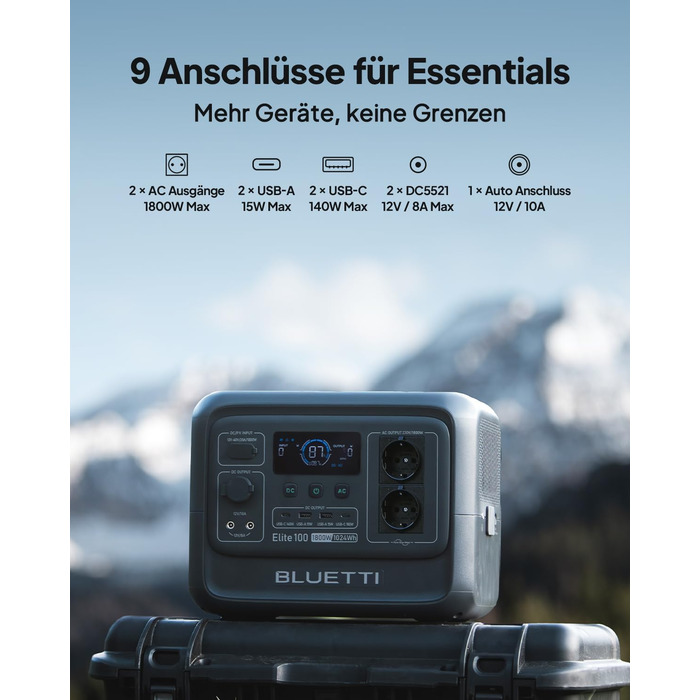 Портативна електростанція BLUETTI Elite 100 V2 із сонячною панеллю 200 Вт, сонячний генератор LiFePO4 потужністю 1024 Втгод із 2 виходами змінного струму по 1800 Вт, на 35 менша, ідеально підходить для кемпінгу, відключень електроенергії та кемперів BLUET
