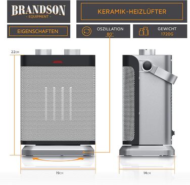 Енергозберігаючий, тихий електричний керамічний обігрівач - Електричний обігрівач з 2 режимами нагріву - Захист від перегріву - Коливання - Термостат - Ванна кімната, спальня, вітальня A Срібний
