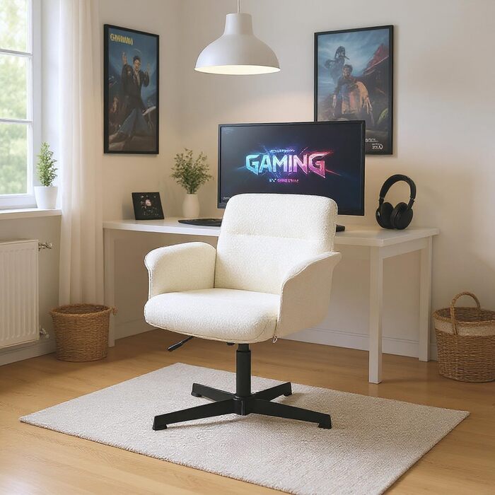 Ігрове крісло, біле, зі спинкою та регульованим по висоті сидінням, для підлітків, ергономічне, поворот на 360, виготовлене з махрової тканини, для спалень, без коліс