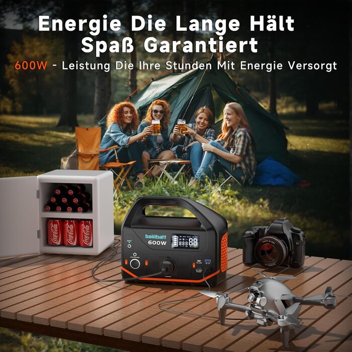 Портативна електростанція, електростанція потужністю 600 Вт 293 Втгод (пікова потужність 1200 Вт), тихий генератор PD 100 Вт для кемпінгу, подорожей, резервного виживання, CPAP, використання на свіжому повітрі, надзвичайних ситуацій, вихід змінного струму