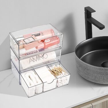 Секційний органайзер для косметики з висувними шухлядами, міні-органайзер для ванної кімнати з висувними шухлядами. Штабельований прозорий акриловий органайзер для макіяжу, для туалетного столика, ванної кімнати, спальні, письмового столу, 3-
