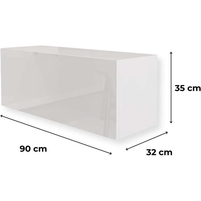 Настінна шафа, глянцевий білий, 90 x 35 x 32 см (Ш x В x Г), настінна шафа для вітальні, навісна настінна шафа, настінна полиця, шафа для документів, верхня шафа, відкривається натисканням, шафа для вітальні, біла, горизонтальна шафа, 90 x 35 x 32 см