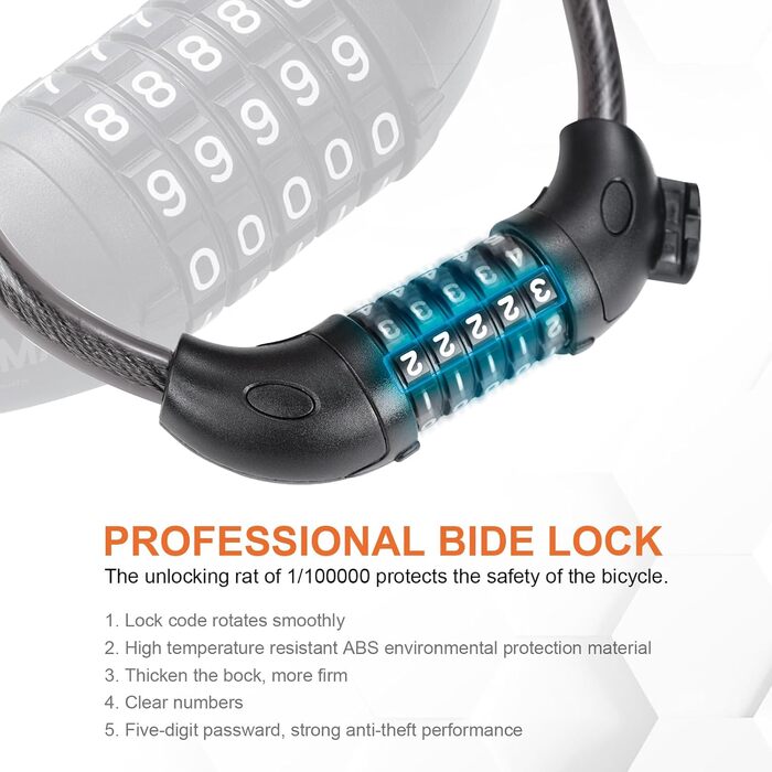 Дитячий велосипедний замок, 120 см, захист від крадіжки, кабельний замок з 5-значним кодом, для велосипедів, мотоциклів, скутерів, чорний. Замок з кодовим механізмом., 1203-12