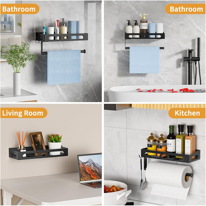 Підставка для спецій з тримачем для кухонних рулонів та гачками, настінна підставка для спецій (не потребує свердління), органайзер для спецій для кухні, чорний