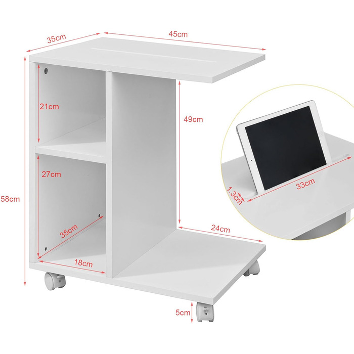С-подібний приставний столик до дивана з 2 полицями для зберігання та тримачем для планшета, сучасний журнальний столик на колесах для вітальні, білий FBT48-W