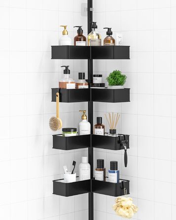 Кутова полиця для душу Kitsure з телескопічною стійкою, регульована по висоті, металеві кошики, монтаж без свердління, висота 87-290 см, ширина 24.6 см, чорний колір (24.6 x 24.6 x 290 см)