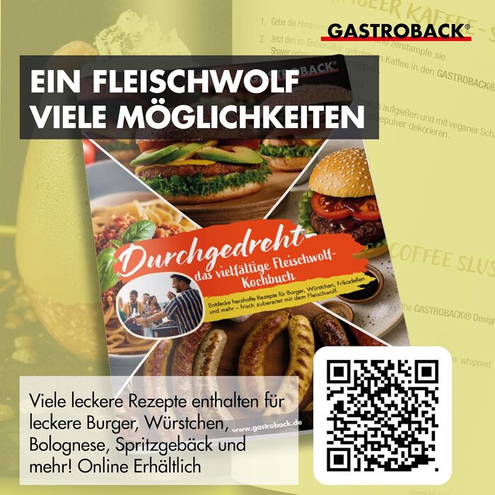 Електрична м'ясорубка GASTROBACK 6-в-1 з насадками для ковбас та печива, 2500 Вт, нержавіюча сталь, сенсорний екран, з пресом для бургерів