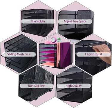 Металевий настільний органайзер, 5-ярусний лоток для паперу та листів з тримачами для файлів, сітчастий настільний органайзер для файлів з тримачем для журналів для зберігання офісних документів, 5 ярусів з 2 тримачами для файлів