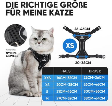 Шлейка для котів Blue Pawz з повідком - 170 см Шлейка для котів, захищена від втечі та високоякісна Повідець зі шлейкою для котів Шлейка для котів для незабутніх моментів (XS), чорна