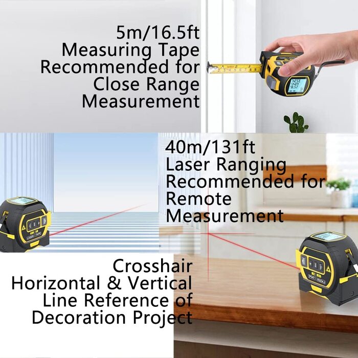 Лазерна рулетка 3-в-1, цифровий лазерний вимірювач відстані з РК-дисплеєм, лазерна рулетка 40 м/131 футів, рулетка 5 м/16 футів, вимірювання площі/об'єму/відстані/Піфагора