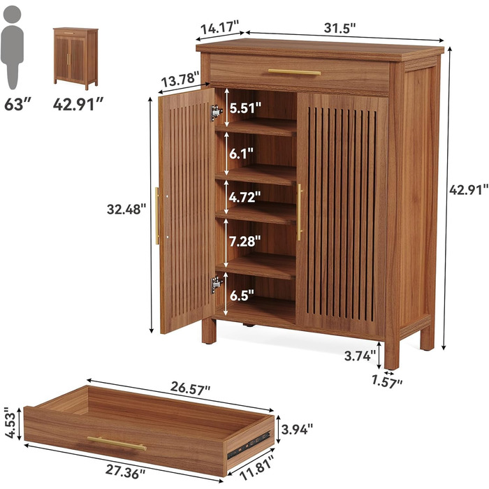 Вузька 5-ярусна взуттєва шафа Tribesigns з рейковими дверцятами та шухлядою Регульована дерев&39яна взуттєва полиця для передпокою, коридору та гардеробу 80 x 36 x 110 см, Коричневий