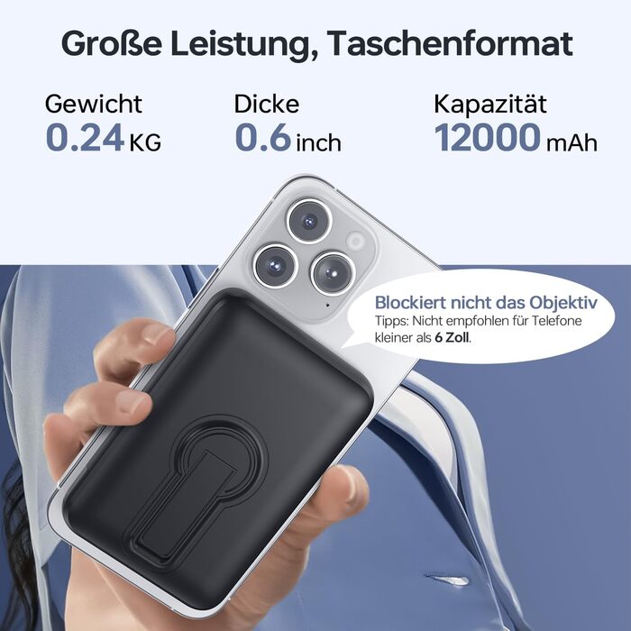 Зовнішній зарядний пристрій MagSafe Power Bank, магнітний 12000 мАг, вихід PD 22,5 Вт USB-A, бездротовий портативний зарядний пристрій із входом та виходом Type-C, світлодіодний індикатор для iPhone 17/16/15/14/13/12/Pro/Pro Max серії, чорний