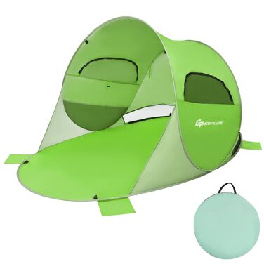 Пляжний намет GOPLUS, розкладний пляжний намет для 3-4 осіб, намет, що кидається, з сонцезахисним тентом та вітрозахисним захистом, легкий та портативний з сумкою для перенесення, сонцезахисний намет для сімей, пляжу, кемпінгу, газону, саду (зелений)