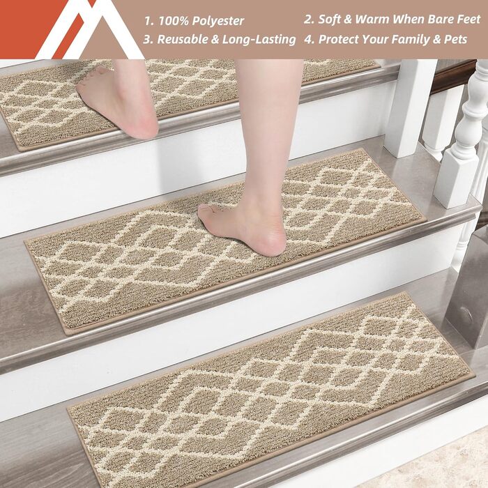 М&39які дерев&39яні сходинки, сходові доріжки для дітей та собак, 100 поліестер, основа з TPE, бежевий колір, ромбоподібний візерунок, 15 шт. , 71,1 x 22,9 см