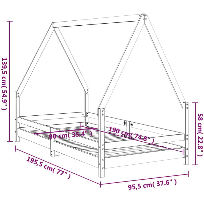 Дитяче ліжко, біле, 90x190 см, масив сосни з міцними ламелями та продуманим дизайном у формі будиночка для стійкості та вентиляції, 195,5 x 95,5 x 139,5 см, біле
