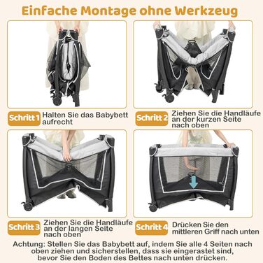 Ліжечко-дорожнє COSTWAY 6-в-1 з матрацом, портативна дитяча колиска з регульованим балдахіном, складне дитяче ліжко/спальне місце з пеленальний килимок, музичний мобіль та сумка для перенесення для дітей до 3 років, вантажопідйомність 15 кг (сірий) (1 упа