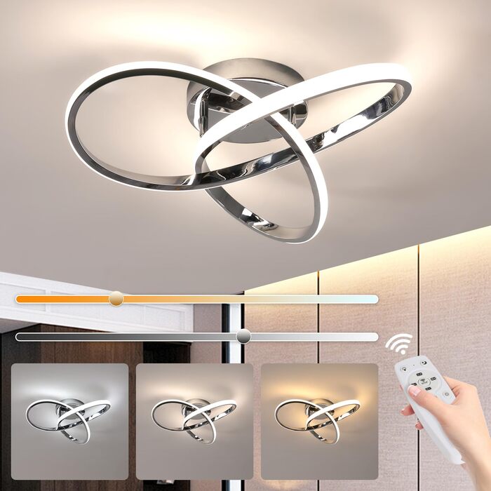 Стеля LED-світильник Comely 36W з пультом керування, сучасний дизайн, хром, 40см, сріблястий диммований (3000K-6500K)