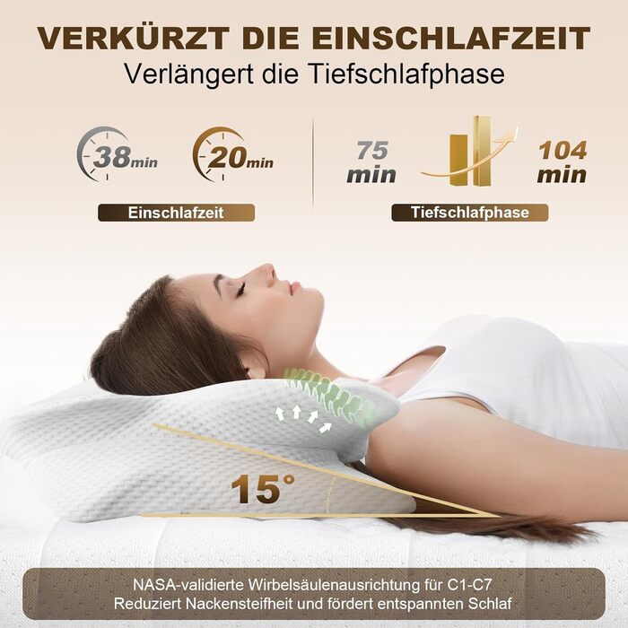 Подушка для шиї, ергономічна подушка для підтримки шиї, сертифікована OEKO-TEX для алергіків, ортопедична подушка для сну з піни з ефектом пам&39яті для сну на боці та на спині (змінна наволочка), біла, подушка () наволочка ()