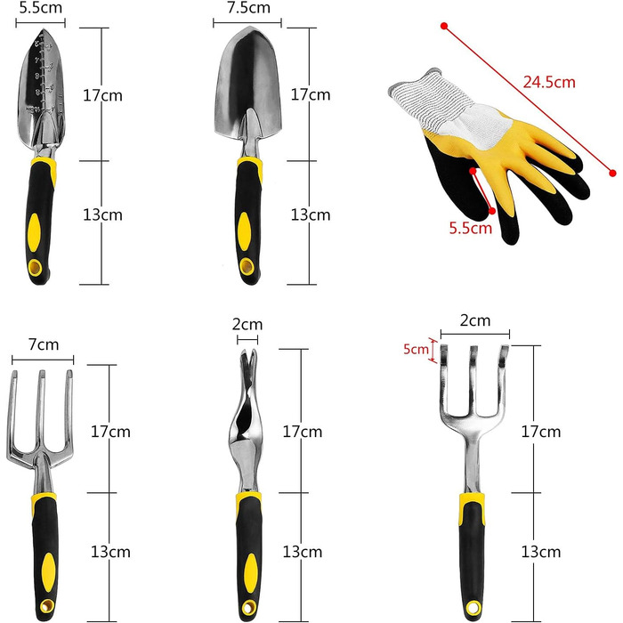 Садовий інструмент Coolty з 6 предметів з лопаткою, посадковою вилкою, культиватором, бур'яном, вилкою для прополки та садовими рукавичками з міцними литими алюмінієвими головками та ергономічними ручками