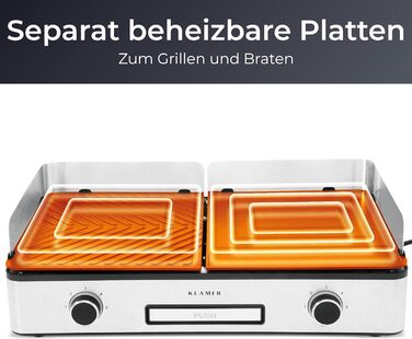 Електричний гриль KLAMER, подвійні пластини з антипригарним покриттям і знімними, роздільне налаштування температури, 5 рівнів гриля, із захистом від вітру/бризок і піддоном для крапель
