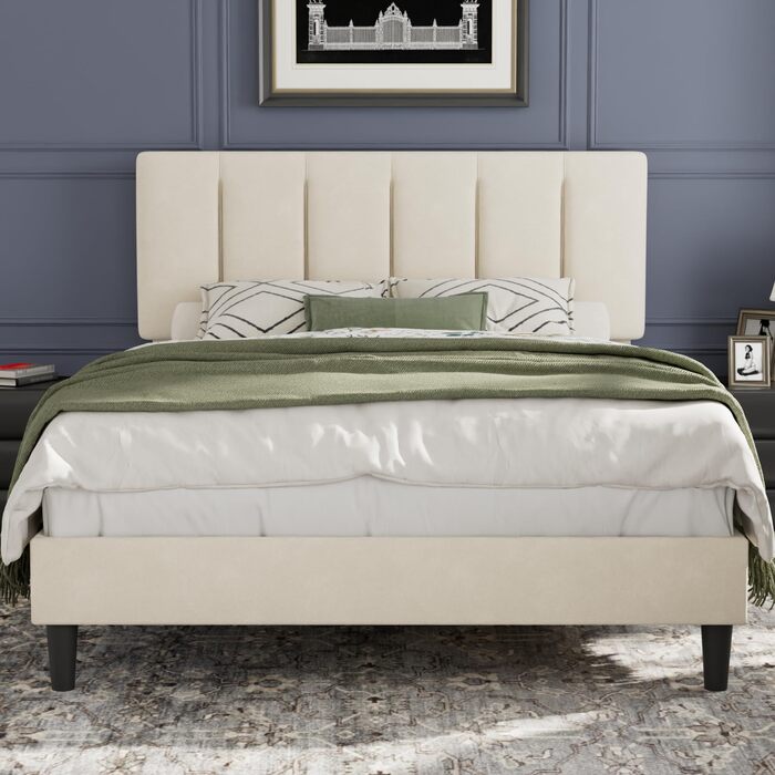 М&39яке ліжко VECELO 140x200 см Двоспальне ліжко, Каркас ліжка з регульованим по висоті узголів&39ям, оксамитовим чохлом та рейковою основою, Легке складання, Ідеально підходить для спалень та гостьових кімнат, Бежевий 140 x 200 см