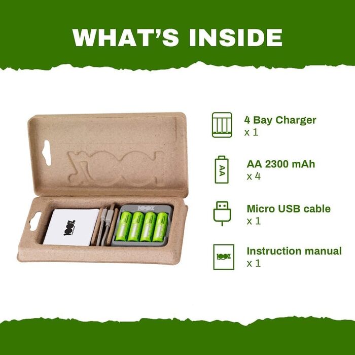 Зарядний пристрій PeakPower для акумуляторів типу AA AAA USB-зарядний пристрій, захист від перезаряджання, таймер безпеки Компактний зарядний пристрій на 4 слоти з 4 батареями типу AA 2300 мАг 4 батареями типу AA