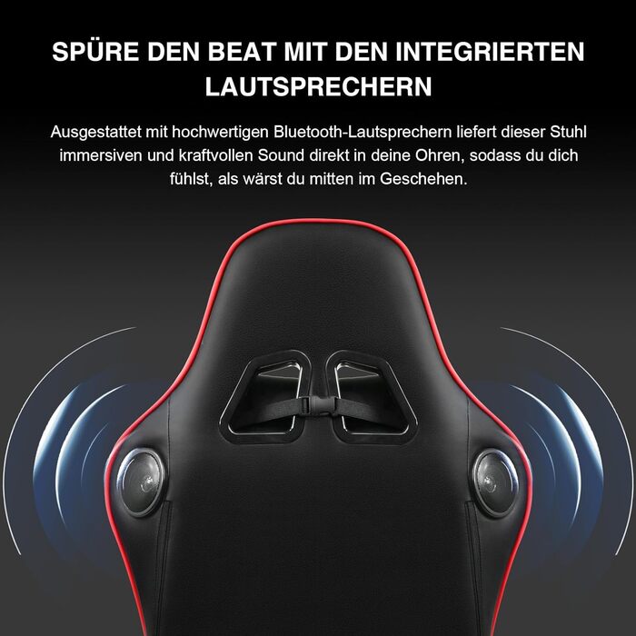 Ігрове крісло з підставкою для ніг, динаміками та Bluetooth для музики. Ергономічне офісне крісло для комп'ютера, чорно-червоне, 84 x 65 x 29 см (Д x Ш x В)