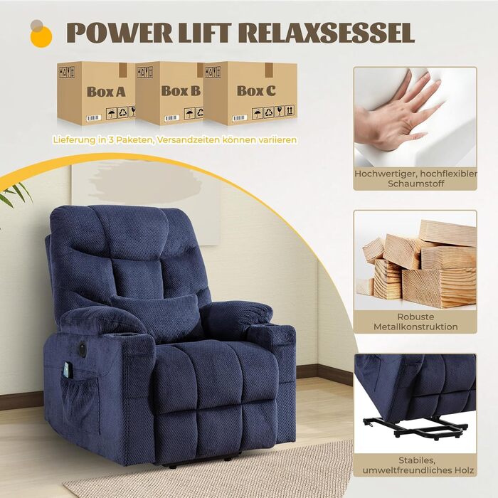 Електричне підйомне крісло, крісло-реклайнер з вібраційним масажем та функцією підігріву, зручне для людей похилого віку крісло для телевізора з безступінчастим регулюванням, пульт дистанційного керування, порт USB та Type-C, 3 положення (синє)