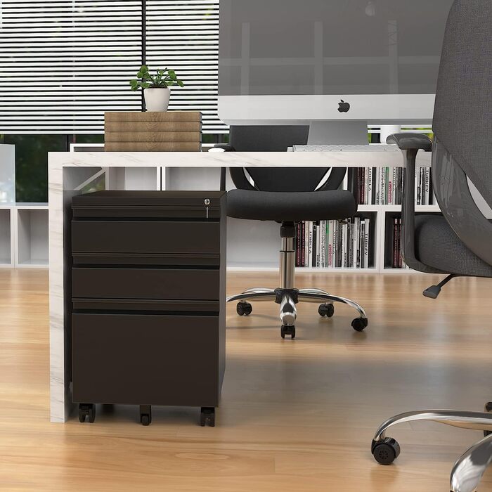 Мобільна шафа для документів, що замикається, офісна шафа, металева шафа, картотечна шафа, шафа для зберігання речей, бічна шафа, шафа з шухлядами, офісний комод для документів, 39 x 50 x 62 см, чорний, 3 шухляди