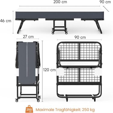 Розкладне ліжко (вкл. матрац з піни з ефектом пам&39яті товщиною 13 см), Розкладне гостьове ліжко, Для дорослих 90 x 200 см, Металевий розкладний каркас, Посилена металева сітка, Вантажопідйомність 250 кг 90X200 см