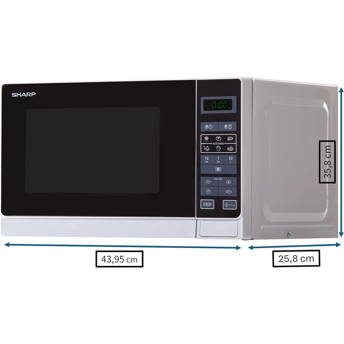 Мікрохвильова піч Sharp R242INW Solo / 20 л / 800 Вт / 5 рівнів потужності / 8 автоматичних програм / Розморожування з регулюванням ваги та часу / Блокування від дітей / Режим енергозбереження / Скляне поворотне блюдо (25,5 см) / Срібло