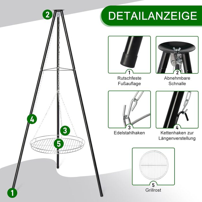 Мангал тринога з регульованою висотою та решіткою 48 см - для пікніків, барбекю, кемпінгу - чорний. Без жаровні.
