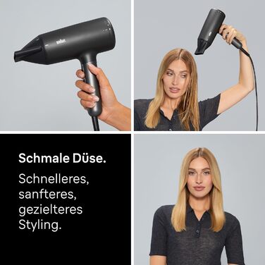 Фен Braun HD4.2 Premium легкий та потужний (2100 Вт) з технологією Super IONTEC, дифузором та насадкою для стайлінгу, 3 температури та 3 швидкості, для всіх типів волосся, чорно-сірий, BRHD425E