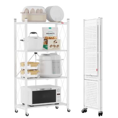 Складана полиця DEANIC, 4-рівнева книжкова полиця, кухонні полиці на колесах, металева полиця для вітальні, комора (61 x 116 x 28 см, білий) білий 4 яруси