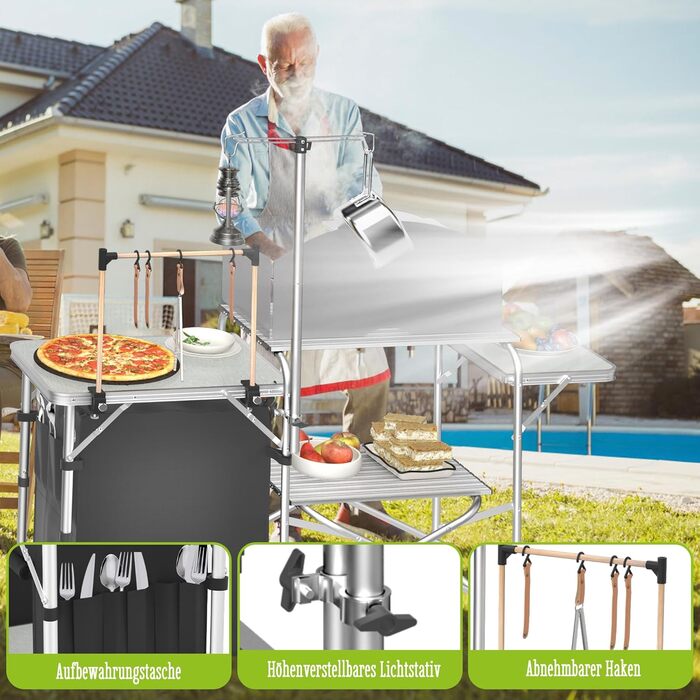Складана кемпінгова кухня, кемпінгова шафа з алюмінію з 3 робочими поверхнями, відділенням для шафи, підставкою для світла та 4 гачками, вулична кухня, кемпінгова шафа
