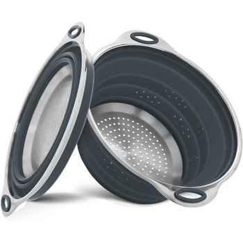 Сито для макаронів Ситечко з нержавіючої сталі та силікону Кухонне ситечко Складний сушарка Термостійкий та компактний сірий