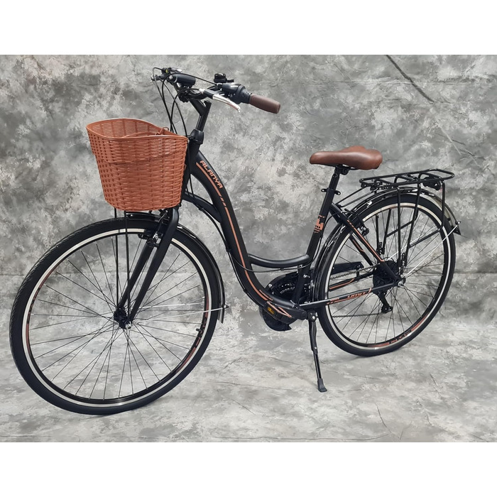 Звичайний жіночий міський велосипед Umit ALANYA 28″, 21-швидкісний перемикач швидкостей, багажник та кошик, НОВИЙ 2810-чорний